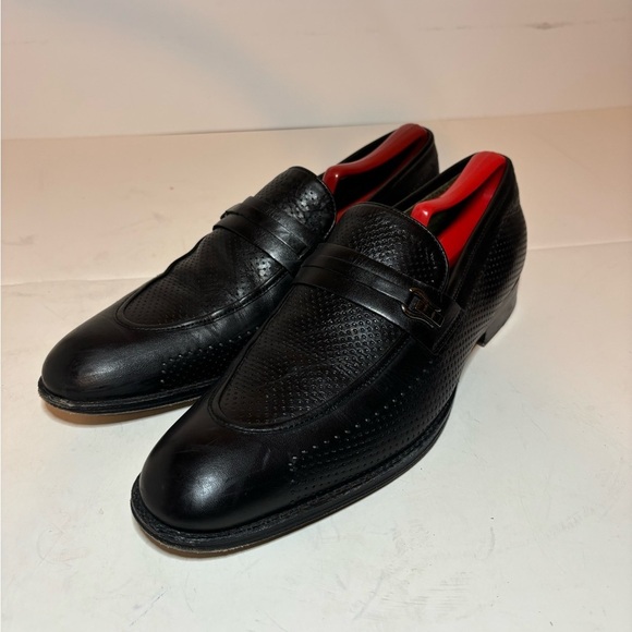 Vero Cuoio Lav. Artigiana Mens Almond Toe Black Leather Slip On Loafers Size 42 - Picture 1 of 10